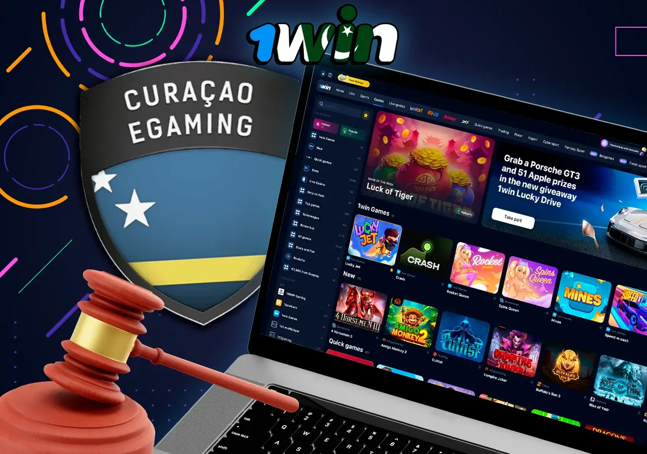 Laptop with casino section open, next to Curacao logo