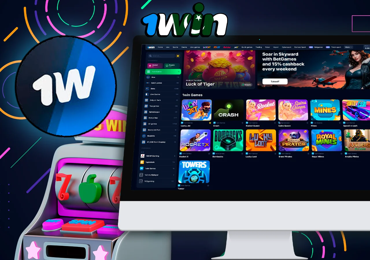 Monitor with a list of unique games from the creators of 1Win